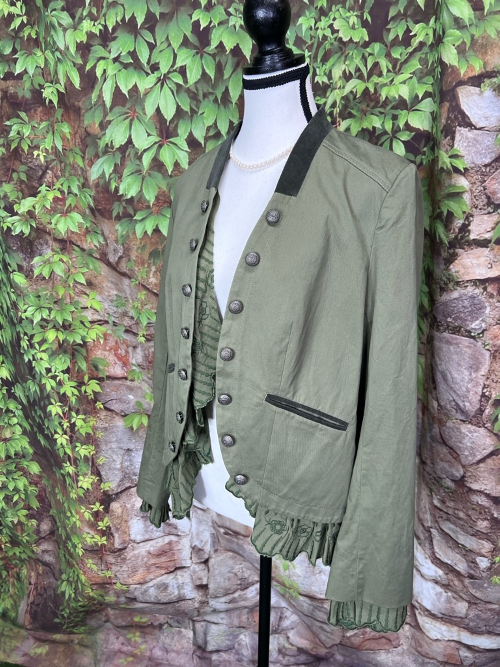 SUNDANCE Olive Ruffle Trim Boho Embroidery Military/Band Jacket, S - Picture 4 of 13